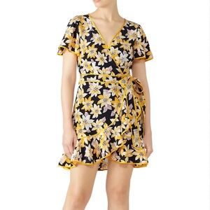 NWT CINQ A SEPT CAMERON YELLOW FLORAL SILK WRAP DRESS 2 XS